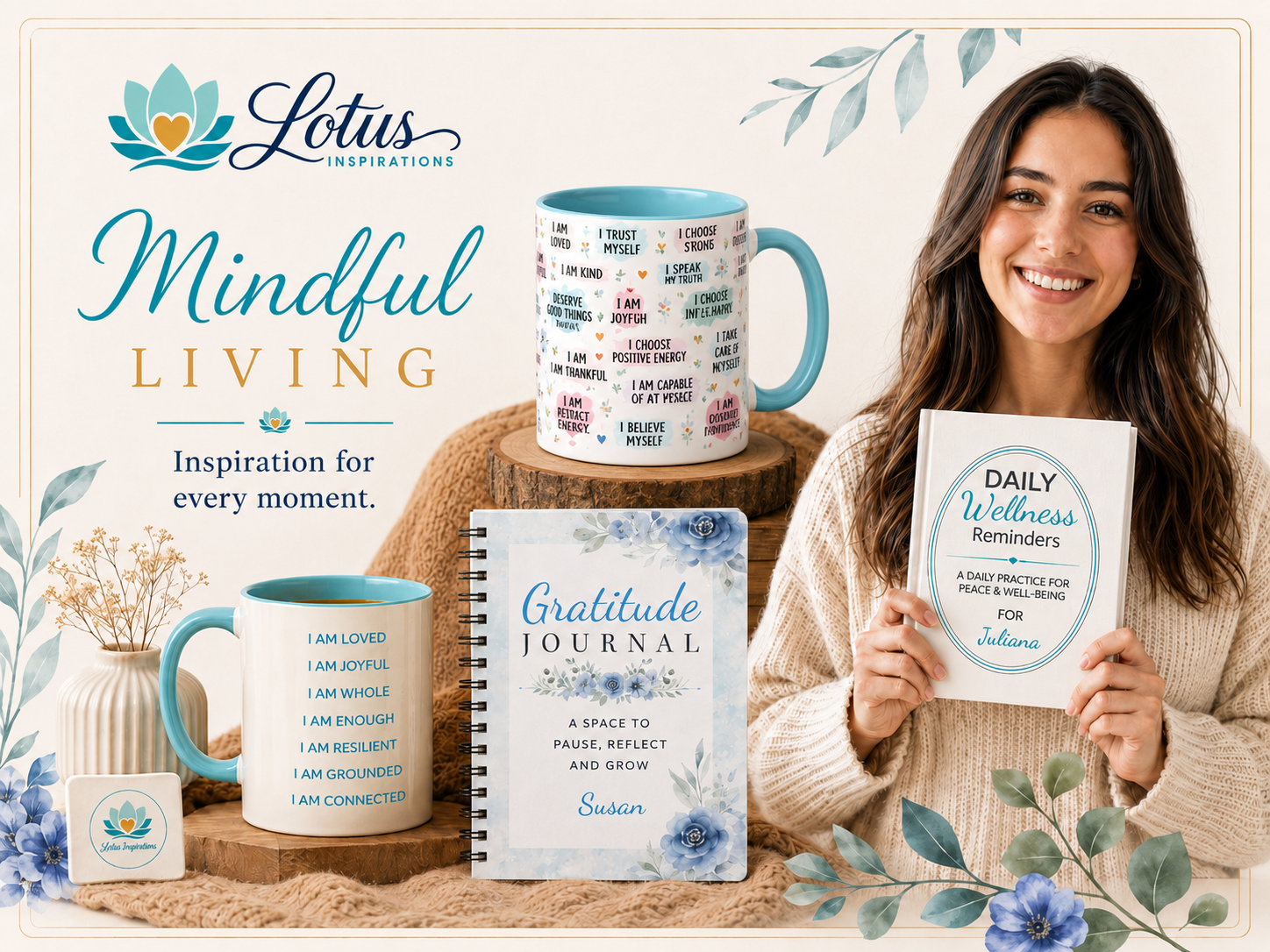 Mindful Living Lotus Inspirations journals, mugs and wellness products