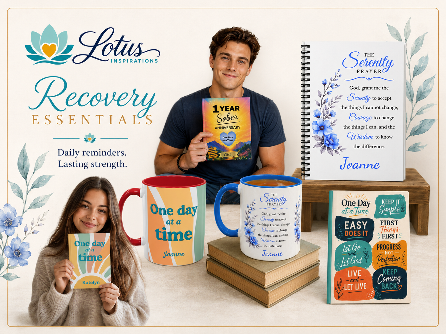 Recovery Essentials Lotus Inspirations products including journals and mugs